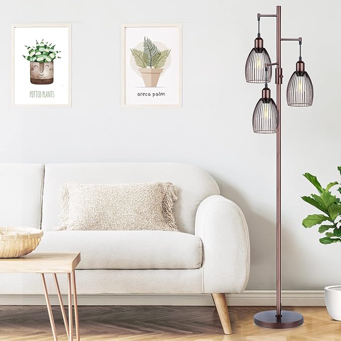 Dimmable Floor Lamp, 3 x 800LM LED Edison Bulbs Included, Farmhouse Industrial Floor Lamp Standing Lamp with Elegant Teardrop Cage Head Tall Lamp for Living Room Bedroom Office Dining Room - Brown - LeafyLoom