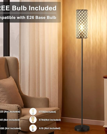 Acaxin Crystal Floor Lamp for Bedroom Black, Living Room Floor Lamps with Bulb, Modern Tall Lamp for Bedroom, Glam Standing Light for Girls Bedroom, Minimalism Pole Corner Lamp for Office, Dorm Hotel - LeafyLoom