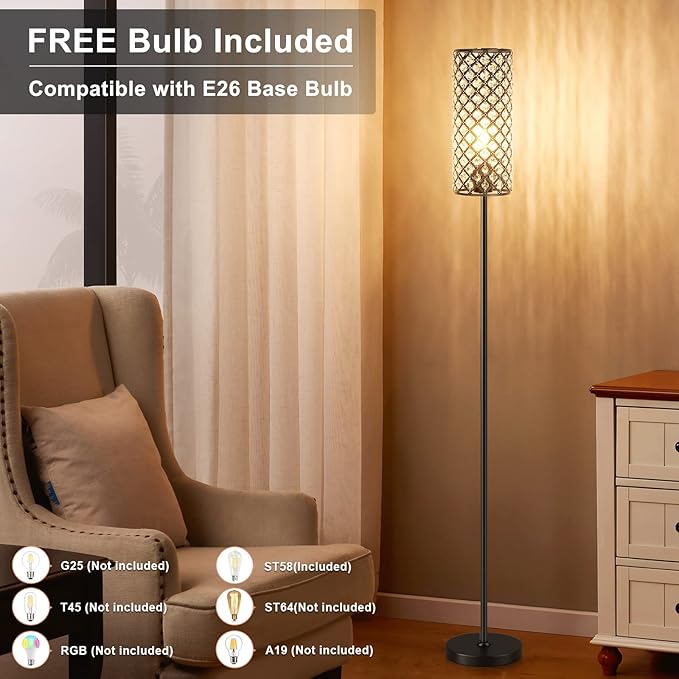 Acaxin Crystal Floor Lamp for Bedroom Black, Living Room Floor Lamps with Bulb, Modern Tall Lamp for Bedroom, Glam Standing Light for Girls Bedroom, Minimalism Pole Corner Lamp for Office, Dorm Hotel - LeafyLoom
