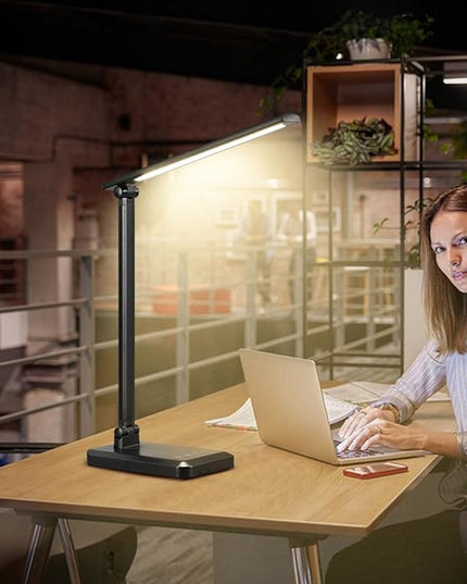 LED Desk Lamp with USB Charging Port Whole White for Home Office Essentials Table Lamp with Eye-Caring 4 Color Temperature Touch Control Stepless Dimming Desk Light for College Dorm - LeafyLoom