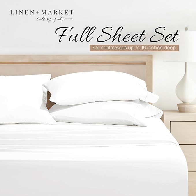 Linen Market Bed Sheets for Full Size Bed (White) - Sleep Better Than Ever with These Soft and Cooling Full Sheets - Deep Pocket Fits 16" Thick Beds - 4 Piece Full Sheet Set - LeafyLoom