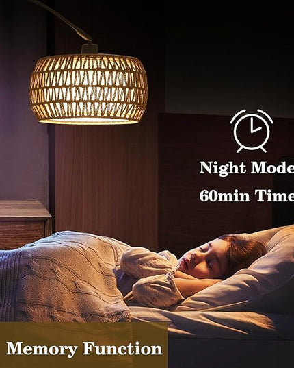 Arc Floor Lamps for Living Room with 3 Color Temperatures, Black Standing Lamp with Remote & Dimmable LED Bulb, Rattan Boho Floor Lamp, Farmhouse Tall Lamp for Bedroom, Over Couch Arched Reading Light - LeafyLoom