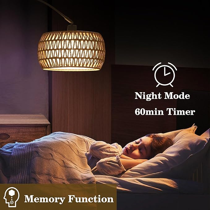 Arc Floor Lamps for Living Room with 3 Color Temperatures, Black Standing Lamp with Remote & Dimmable LED Bulb, Rattan Boho Floor Lamp, Farmhouse Tall Lamp for Bedroom, Over Couch Arched Reading Light - LeafyLoom