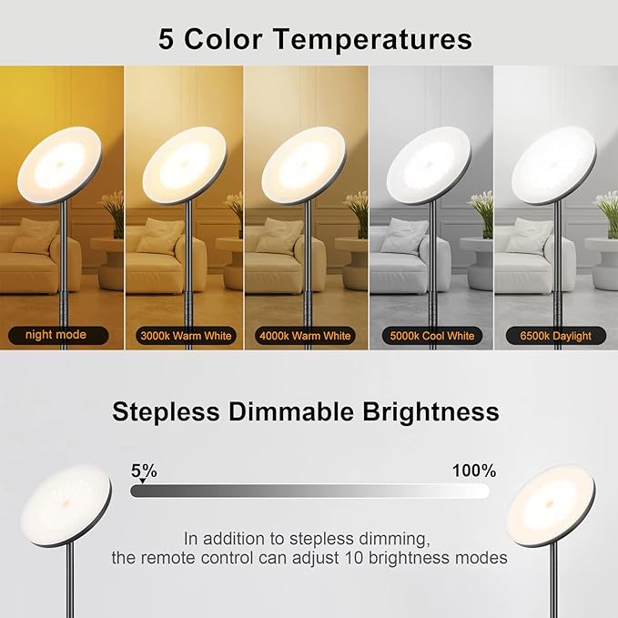 LED Floor Lamp, 3600LM 36W Super Bright Standing Lamp with Remote & Touch Control, 350W Equivalent Modern Torchiere Lamp with 2700K-6500K Stepless Dimming, 69" Tall Lamp for Living Room Bedroom Office - LeafyLoom