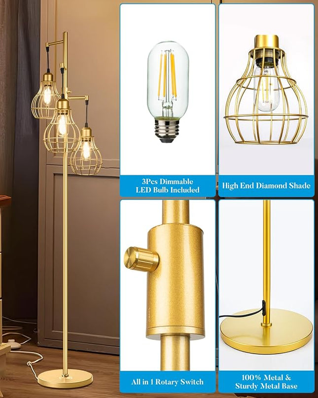 Lightdot 68IN Industrial Floor Lamp Dimmable (Brightness Adjustable), Farmhouse Tree Floor Lamp with E26 LED Edision Bulbs Included, 3-Light Tall Pole Standing Lamp for Living Room Bedroom-Gold - LeafyLoom