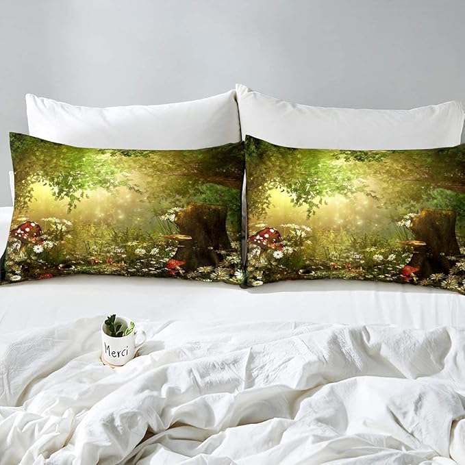 Erosebridal Magical Comforter Set King Size Mushroom Bedding Set Daisy Leaves Branches Sunset Nature Duvet Set Cute Style Quilted Duvet Home Room Decorative - LeafyLoom