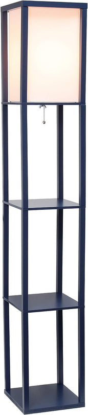 Simple Designs LF1014-NAV-LB Three Shelf Etagere Organizer Storage Floor Lamp with White Linen Shade for Living Room, Bedroom, Office, Hallway, Navy Blue, with Feit LED Bulb Included - LeafyLoom
