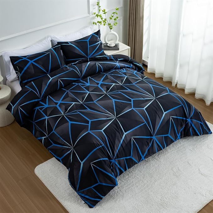 NTBED 3D Geometric Comforter Set for Boys Kids, Irregular Diamond Pattern Lightweight Microfiber Bedding Sets All Season (Dark Blue, Twin) - LeafyLoom