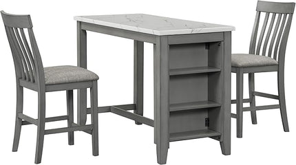 3-Piece Wooden Counter Height Dining Table Set with Faux Marble Veneer and Built-in Storage Shelves, 2 Upholstered Chairs, for Kitchen, Breakfast Nook, Bar, Living Room, Gray - LeafyLoom