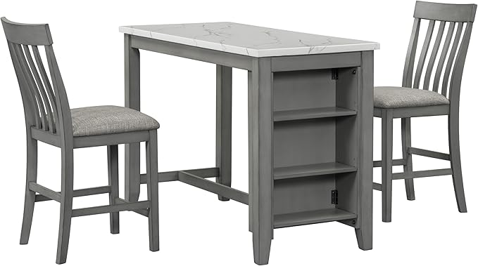 3-Piece Wooden Counter Height Dining Table Set with Faux Marble Veneer and Built-in Storage Shelves, 2 Upholstered Chairs, for Kitchen, Breakfast Nook, Bar, Living Room, Gray - LeafyLoom