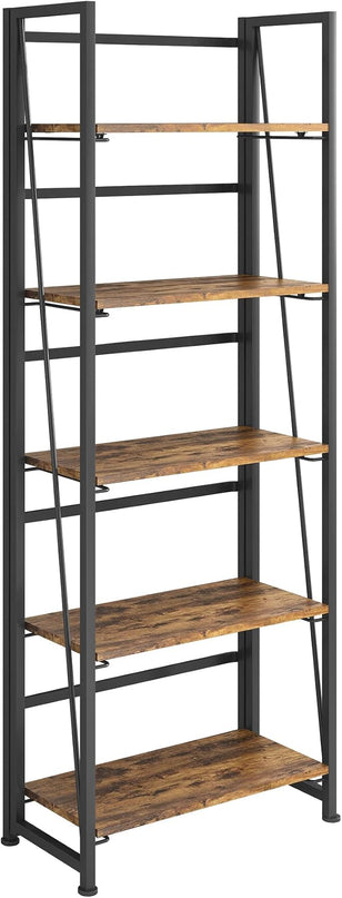 4NM No-Assembly Folding Bookshelf Storage Shelves 5 Tiers Vintage Bookcase Standing Racks Study Organizer Home Office (Rustic Brown and Black) - LeafyLoom