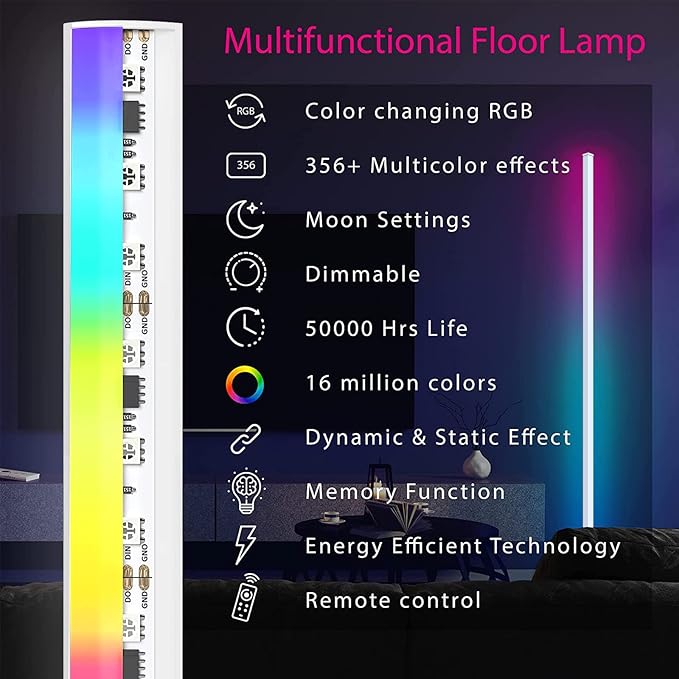 MIHEAL Corner Floor Lamp - Smart RGB LED Corner Lamp with App and Remote Control, 16 Million Colors & 68+ Scene, Music Sync, Timer Setting -for Living Rooms, Bedrooms, and Gaming Rooms - LeafyLoom