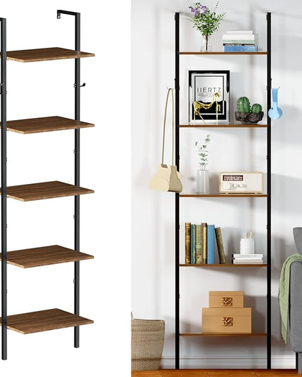 5 Tier Ladder Shelf with 2 Hooks, Modern Metal Wood Bookcase Shelf, Wall Mounted Bookshelf, Standing Display Storage Organizer for Home, Office, Kitchen, Living Room, Bedroom - LeafyLoom