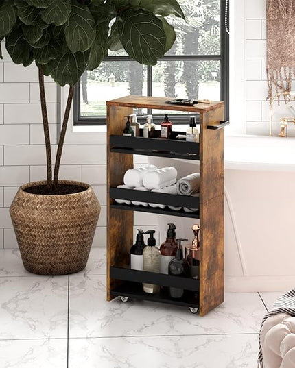 TEAMIX 4 Tier Slim Storage Cart with Handle, Slide Out Storage Rolling Utility Cart Mobile Shelving Unit Organizer Trolley for Small Spaces Kitchen Laundry Narrow Places (Brown+Black, 7-7/8'' W) - LeafyLoom