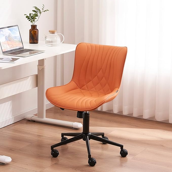 YOUNIKE Office Chair, Armless Desk Chair with Wheels, Home Office Computer Task Chairs, Modern Faux Leather Upholstered Vanity Chair, Adjustable Swivel Office Chairs with Back, Burnt Orange - LeafyLoom