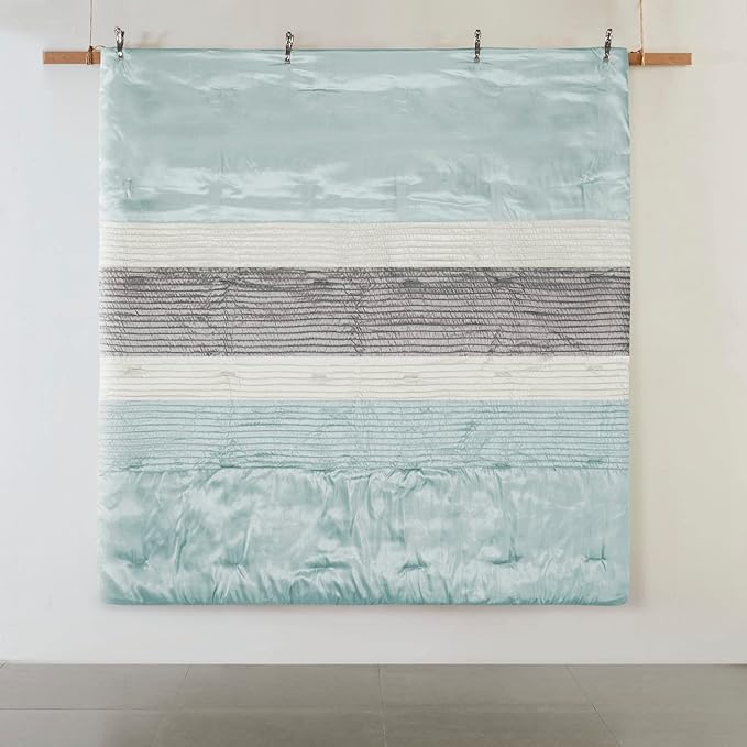 Madison Park Amherst Faux Silk Comforter Set-Casual Contemporary Design All Season Down Alternative Bedding, Matching Shams, Bedskirt, Decorative Pillows, King(104"x92"), Aqua, 7 Piece (MP10-2980) - LeafyLoom
