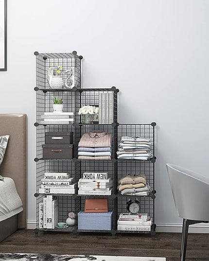 Wolizom Wire Cube Storage, Metal Grids Shelves Bookshelf, Stackable Modular Shelving Organizer, DIY Closet Bookcase Bookshelf, Grid Storage Shelf for Bedroom, Living Room, Office (Black, 12 Cube) - LeafyLoom