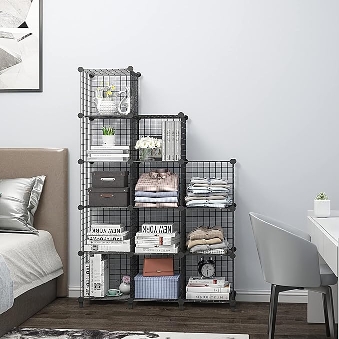 Wolizom Wire Cube Storage, Metal Grids Shelves Bookshelf, Stackable Modular Shelving Organizer, DIY Closet Bookcase Bookshelf, Grid Storage Shelf for Bedroom, Living Room, Office (Black, 12 Cube) - LeafyLoom