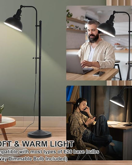 Floor Lamp, Industrial Floor Lamps for Living Rooms & Bedrooms - Rustic Farmhouse Reading Lamp Standing, Adjustable Metal Heads Indoor Task Lighting for Living Room Office Home Décor (Black-02 3S) - LeafyLoom