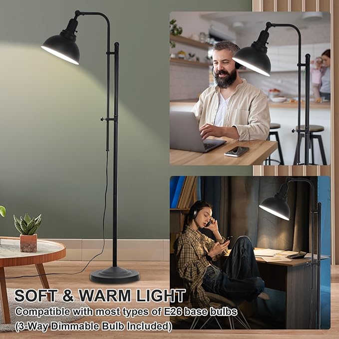 Floor Lamp, Industrial Floor Lamps for Living Rooms & Bedrooms - Rustic Farmhouse Reading Lamp Standing, Adjustable Metal Heads Indoor Task Lighting for Living Room Office Home Décor (Black-02 3S) - LeafyLoom