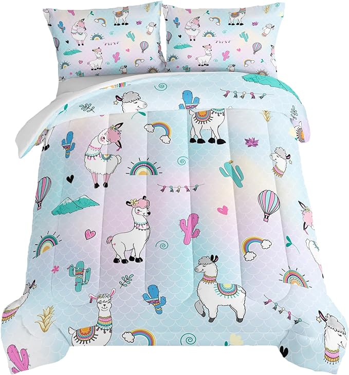 HOSIMA 3 Piece Cartoon Animal Llama Comforter,Cute Alpaca Toddler Comforter,Desert Cactus Plant Full Size Bed in a Bag Set for Adults Kids,Fish Scales Comforter Rainbow Bedding Sets for Girls Boys. - LeafyLoom