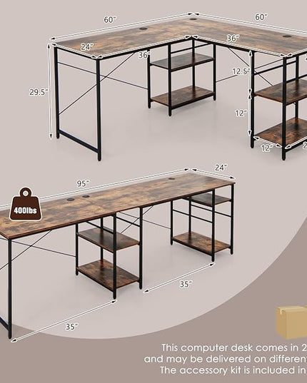 L-Shaped Home Office Desk, Corner Computer Desk w/Monitor Stand, Reversible PC Desk w/Heavy-Duty Metal Frame, Long Office Desk for 2 Person, Space-Saving Design (Rustic Brown) - LeafyLoom