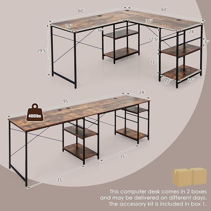 L-Shaped Home Office Desk, Corner Computer Desk w/Monitor Stand, Reversible PC Desk w/Heavy-Duty Metal Frame, Long Office Desk for 2 Person, Space-Saving Design (Rustic Brown) - LeafyLoom
