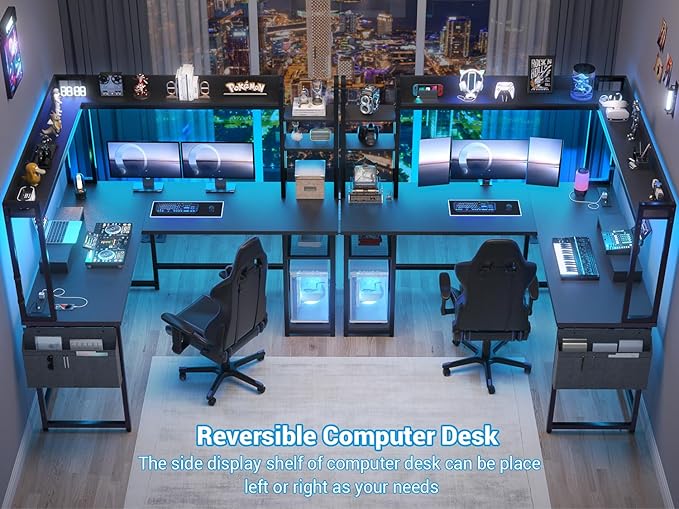 Aheaplus L Shaped Desk with Power Outlet, L Shaped Gaming Desk with Led Light & Hutch, Reversible Home Office Desk, Corner Computer Desk Writing Desk with Monitor Stand & Storage Shelves, Black - LeafyLoom