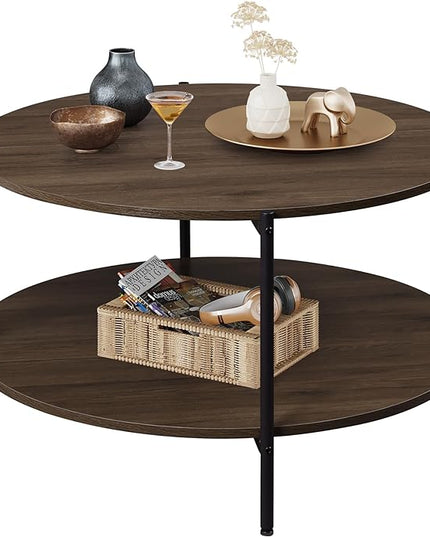 WLIVE Round Coffee Table, Living Room Table with 2-Tier Storage Shelf,32in Wood Modern Coffee Table with Metal Frame and Wood Desktop,Easy Assembly，Brown Walnut. - LeafyLoom
