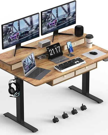 55 * 30 Inches Electric Standing Widened Desk Adjustable Height with 4 Drawers, Double Storage Shelves Stand Up Desk, Home Office Workstation Sit Stand up Desk (Light Rustic Brown) - LeafyLoom