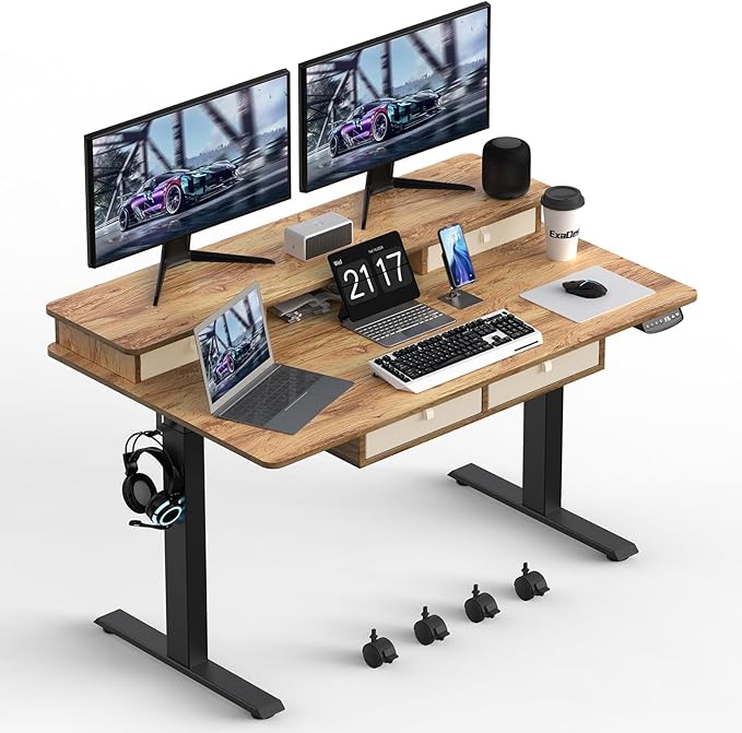 55 * 30 Inches Electric Standing Widened Desk Adjustable Height with 4 Drawers, Double Storage Shelves Stand Up Desk, Home Office Workstation Sit Stand up Desk (Light Rustic Brown) - LeafyLoom