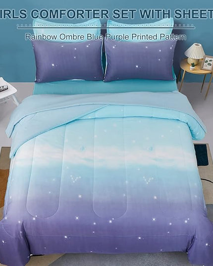 Dinjoy Girls Women Comforter Set King Size Ombre Blue Purple Rainbow Bedding Set 7 Pieces Bed in A Bag for Teen Adult (1 Comforter, 1 Flat Sheet, 1 Fitted Sheet, Pillow shams & Pillowcases) - LeafyLoom