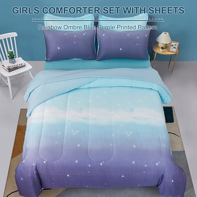 Girls Comforter Set Full Size Colorful Ombre Blue Purple Rainbow Bedding Set Bed in A Bag for Kid Teen Girls 7 Pieces (1 Comforter, 1 Flat Sheet, 1 Fitted Sheet, 2 Pillow shams, 2 Pillowcases) - LeafyLoom