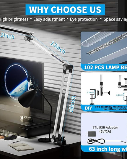 LED Desk Lamp,Swing arm with clamp11W,10 Color Modes Touch Control,Table Lamps with 10 Levels Brightness,Reading Desk Lamps 360 Degree Spin with USB Adapter & Memory Function Silver - LeafyLoom