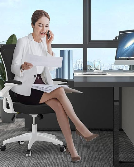 naspaluro Ergonomic Office Chair, Mid-Back Computer Chair with Adjustable Height, Flip-Up Arms and Lumbar Support, Breathable Bright White Mesh Desk Chair for Home Study Working - LeafyLoom