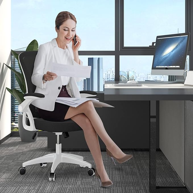 naspaluro Ergonomic Office Chair, Mid-Back Computer Chair with Adjustable Height, Flip-Up Arms and Lumbar Support, Breathable Bright White Mesh Desk Chair for Home Study Working - LeafyLoom