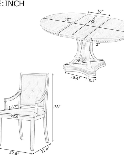 Retro Style 5 Piece Set with Extendable Freely AdjustableRound Table and 4 Chairs, Full Assembly Required, for Dining Room, Kitchen, Antique Gray 30 - LeafyLoom