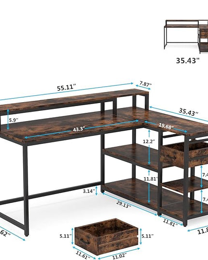 Reversible L-Shaped Computer Desk with hutch & Shelf,rustic - LeafyLoom