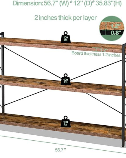 HCHQHS Bookshelf, 3-Tier Long Industrial Bookcase, Rustic Open Book Shelf, Freestanding Horizontal Bookshelves with Metal Frame - LeafyLoom