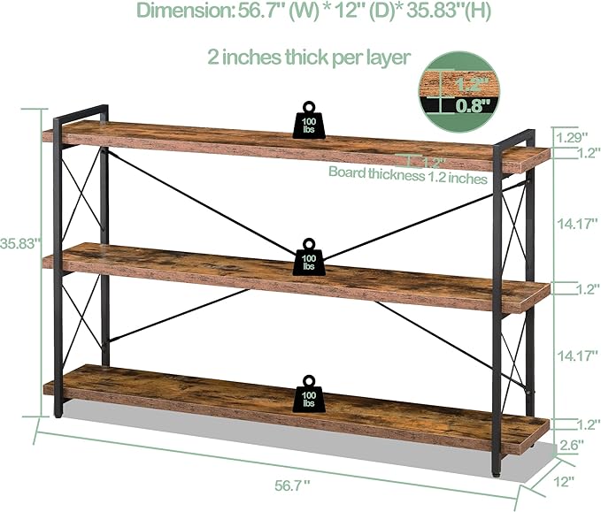 HCHQHS Bookshelf, 3-Tier Long Industrial Bookcase, Rustic Open Book Shelf, Freestanding Horizontal Bookshelves with Metal Frame - LeafyLoom