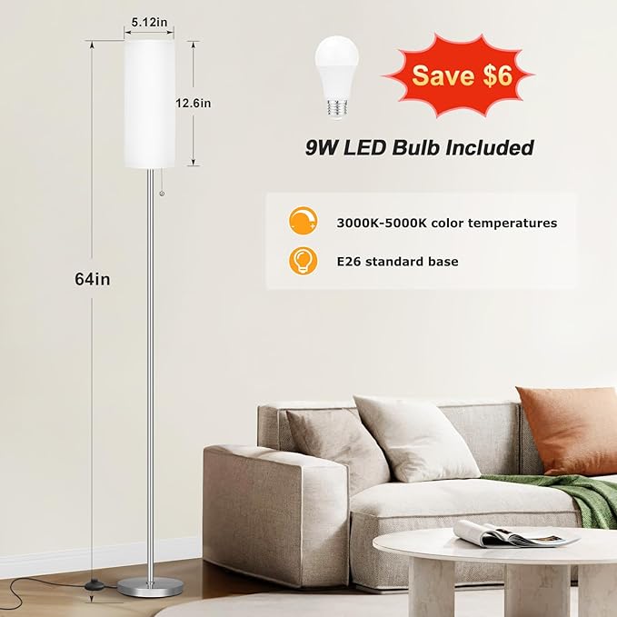 Ambimall Floor Lamp for Living Room with 3 Color Temperatures Bulb, 64" Standing lamp with Linen lampshade for Bedroom, Minimalist Pole Lamp, White Shade & Silver Pole - LeafyLoom