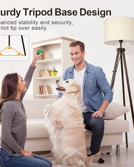 OUTON Wood Tripod Floor Lamp, Mid Century LED Dimmable Floor Lamp with Remote Control, 4 Color Temperature, Sturdy Tall Standing Lamp with Beige Linen Texture Shade for Living Room, Bedroom, Office - LeafyLoom