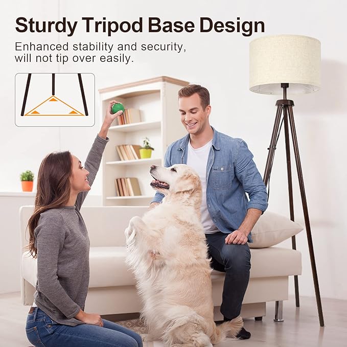 OUTON Wood Tripod Floor Lamp, Mid Century LED Dimmable Floor Lamp with Remote Control, 4 Color Temperature, Sturdy Tall Standing Lamp with Beige Linen Texture Shade for Living Room, Bedroom, Office - LeafyLoom