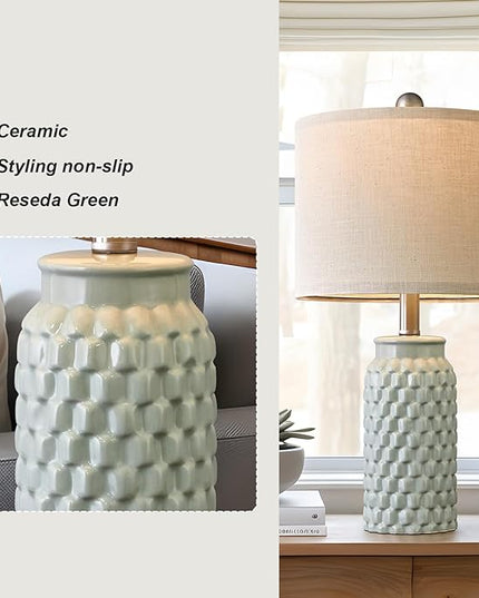 20.5 inches Modern Ceramic Green Bedside Lamp Set of 2 for Bedroom Decor Farmhouse Table Lamp for Living Room Office Dorm - LeafyLoom