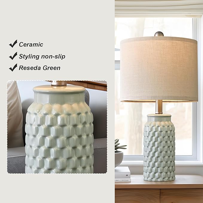 20.5 inches Modern Ceramic Green Bedside Lamp Set of 2 for Bedroom Decor Farmhouse Table Lamp for Living Room Office Dorm - LeafyLoom