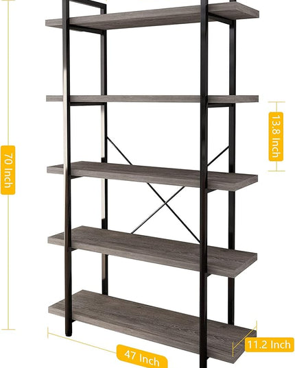 45MinST 5-Tier Vintage Industrial Style Bookcase/Metal and Wood Bookshelf Furniture for Collection, Gray Oak, 3/4/5 Tier (5-Tier) - LeafyLoom