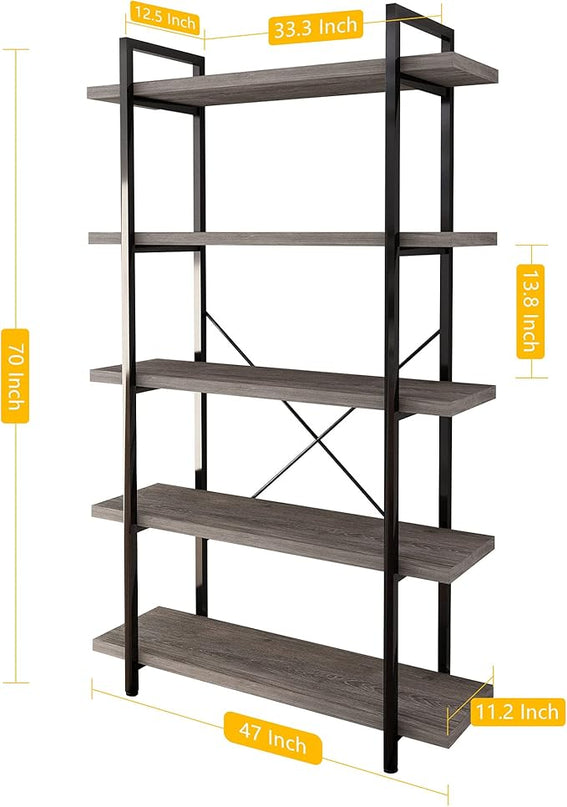 45MinST 5-Tier Vintage Industrial Style Bookcase/Metal and Wood Bookshelf Furniture for Collection, Gray Oak, 3/4/5 Tier (5-Tier) - LeafyLoom