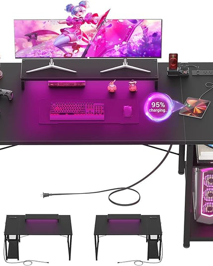 armocity 47 Gaming Computer Desk with LED Lights, Power Outlet and USB, Reversible Laptop Table with Moveable Monitor Stand for Small Spaces, Office, Gaming Room, Black - LeafyLoom