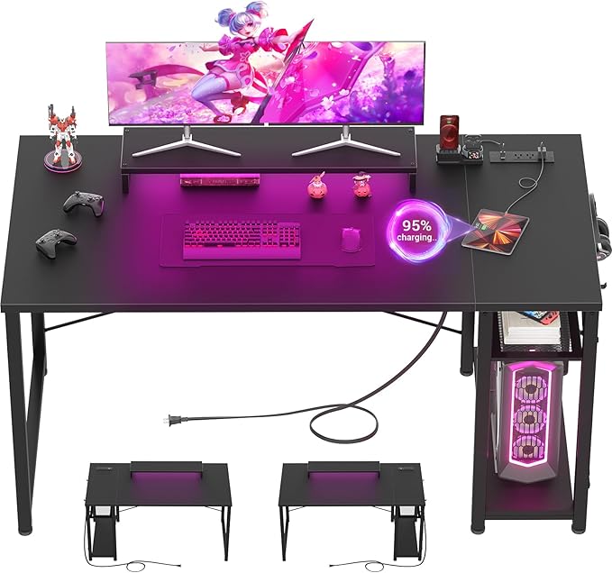 armocity 47 Gaming Computer Desk with LED Lights, Power Outlet and USB, Reversible Laptop Table with Moveable Monitor Stand for Small Spaces, Office, Gaming Room, Black - LeafyLoom