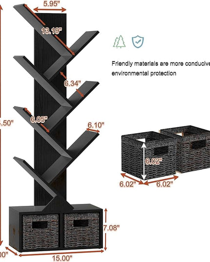 Vagusicc 6 Tier Tree Bookshelf - Modern Shelf Floor Standing Bookcase with Baskets, Tall Wood Book Storage Rack for Books/CDs, Tree Utility Book Organizer Shelves for Living Room, Home Office, Bedroom - LeafyLoom